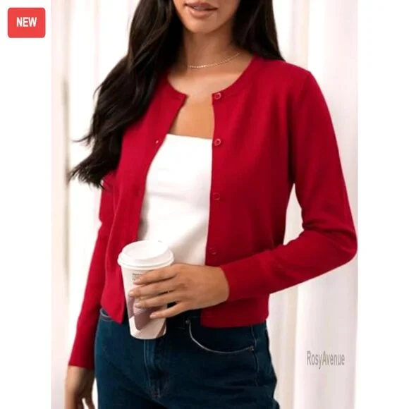 Cropped Cardigan Sweater Long Sleeve Crewneck Knit Button Up Lightweight Shrug - Picture 6 of 7